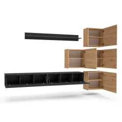 Garnero Arredamenti Parete Attrezzata Sospesa|Pareti Attrezzate-Parete attrezzata sospesa 300x210h cm nero lucido rovere Tempus Rovere - Nero Lucido