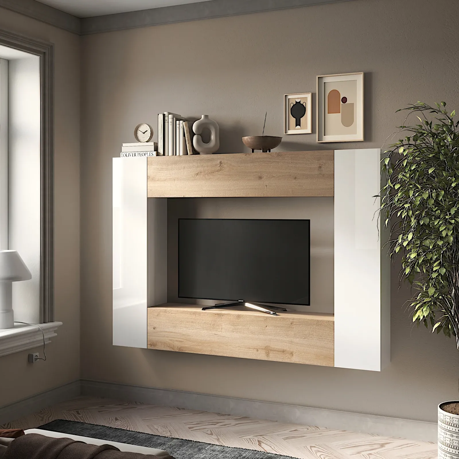 Garnero Arredamenti Parete Attrezzata A Terra|Pareti Attrezzate-Parete attrezzata sospesa 196x180h cm moderna bianco lucido rovere chiaro Sunset 97