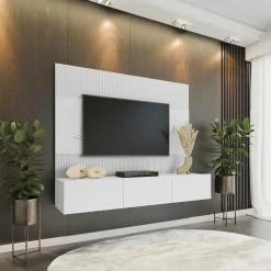 Garnero Arredamenti Parete Attrezzata Sospesa|Pareti Attrezzate-Parete attrezzata sospesa 180x150h cm 3 ante bianco cannettato effetto marmo Ilaria Bianco Opaco