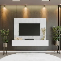 Garnero Arredamenti Parete Attrezzata Sospesa|Pareti Attrezzate-Parete attrezzata sospesa 180x150h cm 3 ante bianco cannettato effetto marmo Ilaria Bianco Opaco