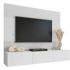 Garnero Arredamenti Parete Attrezzata Sospesa|Pareti Attrezzate-Parete attrezzata sospesa 180x150h cm 3 ante bianco cannettato effetto marmo Ilaria Bianco Opaco