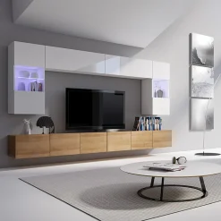 Garnero Arredamenti Parete Attrezzata Sospesa|Pareti Attrezzate-Parete attrezzata sospesa 300x185h cm porta tv con vetrine bianco lucido rovere Mons Rovere - Bianco Lucido