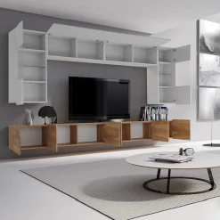 Garnero Arredamenti Parete Attrezzata Sospesa|Pareti Attrezzate-Parete attrezzata sospesa 300x185h cm porta tv con vetrine bianco lucido rovere Mons Rovere - Bianco Lucido