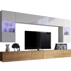 Garnero Arredamenti Parete Attrezzata Sospesa|Pareti Attrezzate-Parete attrezzata sospesa 300x185h cm porta tv con vetrine bianco lucido rovere Mons Rovere - Bianco Lucido