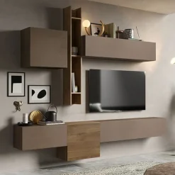 Garnero Arredamenti Parete Attrezzata Sospesa|Pareti Attrezzate-Parete attrezzata sospesa 262x220h cm marrone bronzo  rovere scuro Sunset 12 Noce - Marrone