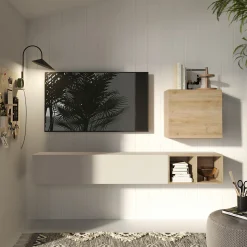 Garnero Arredamenti Parete Attrezzata Sospesa|Pareti Attrezzate-Parete attrezzata sospesa 194x160h cm moderna beige rovere chiaro Sunset 67