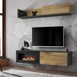 Garnero Arredamenti Camino Bioetanolo|Parete Attrezzata Con Camino-Parete attrezzata sospesa 180x150h cm con caminetto bioetanolo rovere antico antracite Botticelli