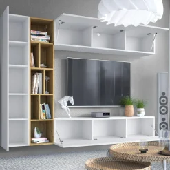 Garnero Arredamenti Parete Attrezzata Sospesa|Pareti Attrezzate-Parete attrezzata sospesa 224x160h cm moderna bianco rovere Artemisia Bianco Opaco