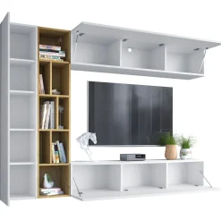 Garnero Arredamenti Parete Attrezzata Sospesa|Pareti Attrezzate-Parete attrezzata sospesa 224x160h cm moderna bianco rovere Artemisia Bianco Opaco