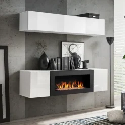 Garnero Arredamenti Camino Bioetanolo|Parete Attrezzata Con Camino-Parete attrezzata sospesa 160x150h cm con biocamino bianco N Gihome® Bianco Lucido