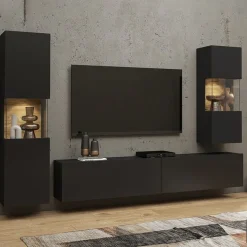 Garnero Arredamenti Parete Attrezzata Sospesa|Pareti Attrezzate-Parete attrezzata sospesa 226x140h cm nero rovere  Fusion 2 Nero Opaco