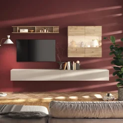 Garnero Arredamenti Parete Attrezzata Sospesa|Pareti Attrezzate-Parete attrezzata sospesa 276x202h cm moderna beige rovere chiaro Sunset 70