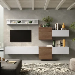 Garnero Arredamenti Parete Attrezzata A Terra|Pareti Attrezzate-Parete attrezzata sospesa 262x185h cm bianco lucido rovere scuro Sunset 22 Noce - Bianco Lucido