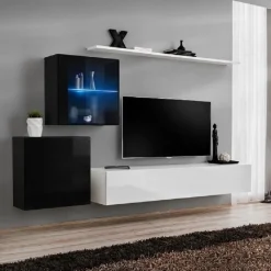 Garnero Arredamenti Parete Attrezzata Sospesa|Pareti Attrezzate-Parete attrezzata sospesa 250x150h cm moderna bianco nero lucido Geo 13