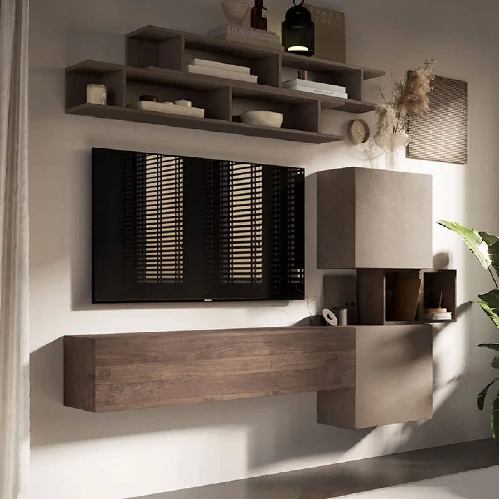 Garnero Arredamenti Parete Attrezzata Sospesa|Pareti Attrezzate-Parete attrezzata sospesa 193x190h cm rovere marrone bronzo Sunset 3