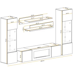 Garnero Arredamenti Camino Bioetanolo|Parete Attrezzata Con Camino-Parete attrezzata sospesa 260x170h cm con biocamino e vetrine nero M Gihome® Nero Lucido