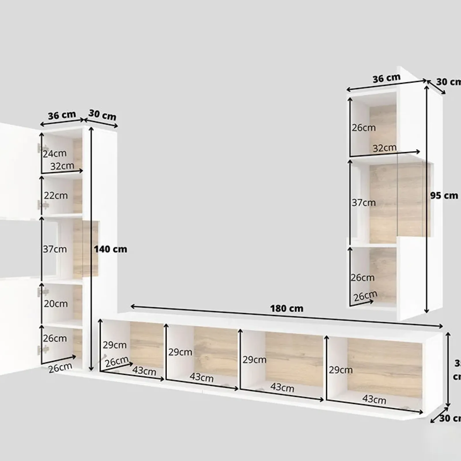 Garnero Arredamenti Parete Attrezzata Sospesa|Pareti Attrezzate-Parete attrezzata sospesa 226x140h cm bianco rovere Fusion 2 Bianco Opaco