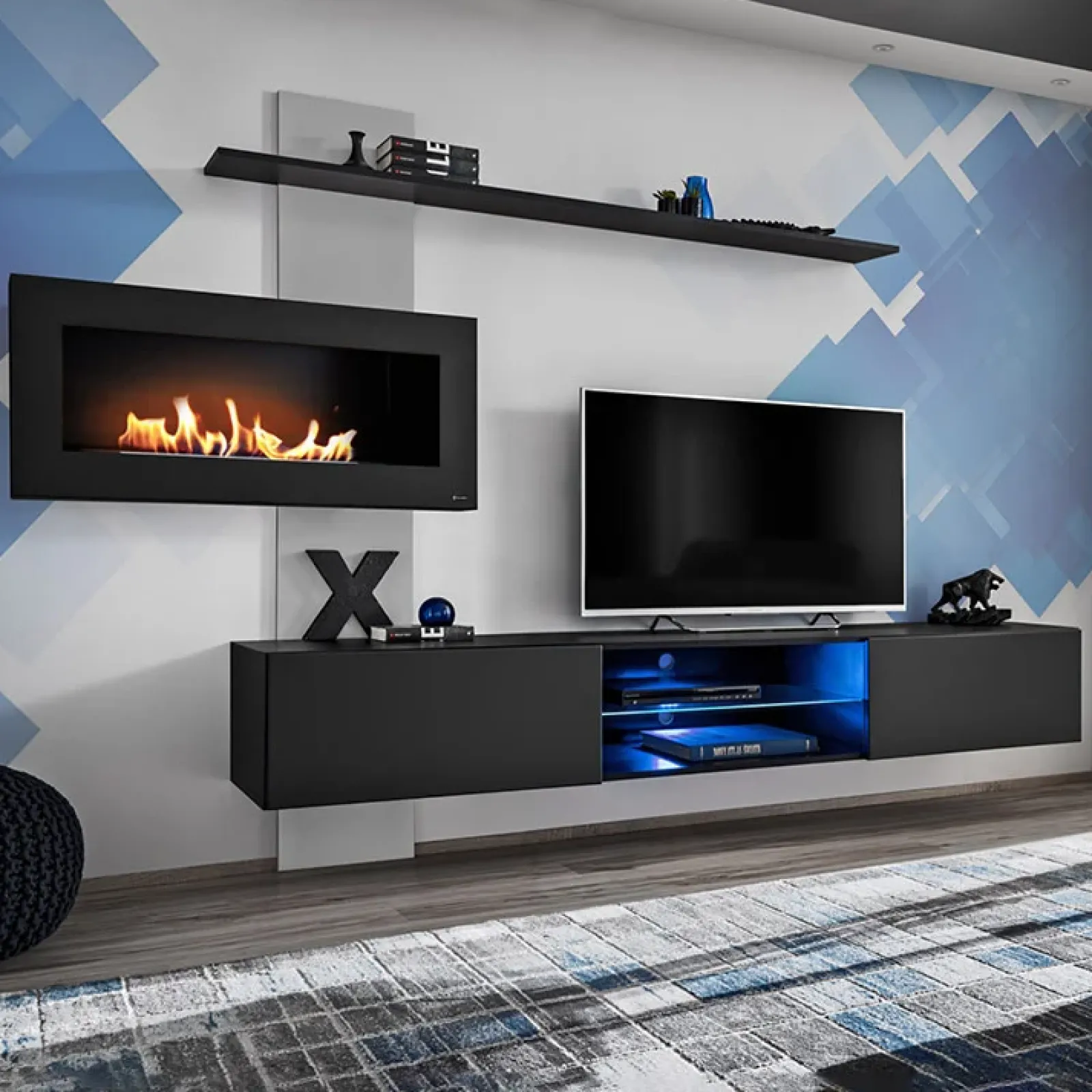 Garnero Arredamenti Camino Bioetanolo|Parete Attrezzata Con Camino-Parete attrezzata sospesa 250x170h cm con camino bioetanolo nero grigio Giotto