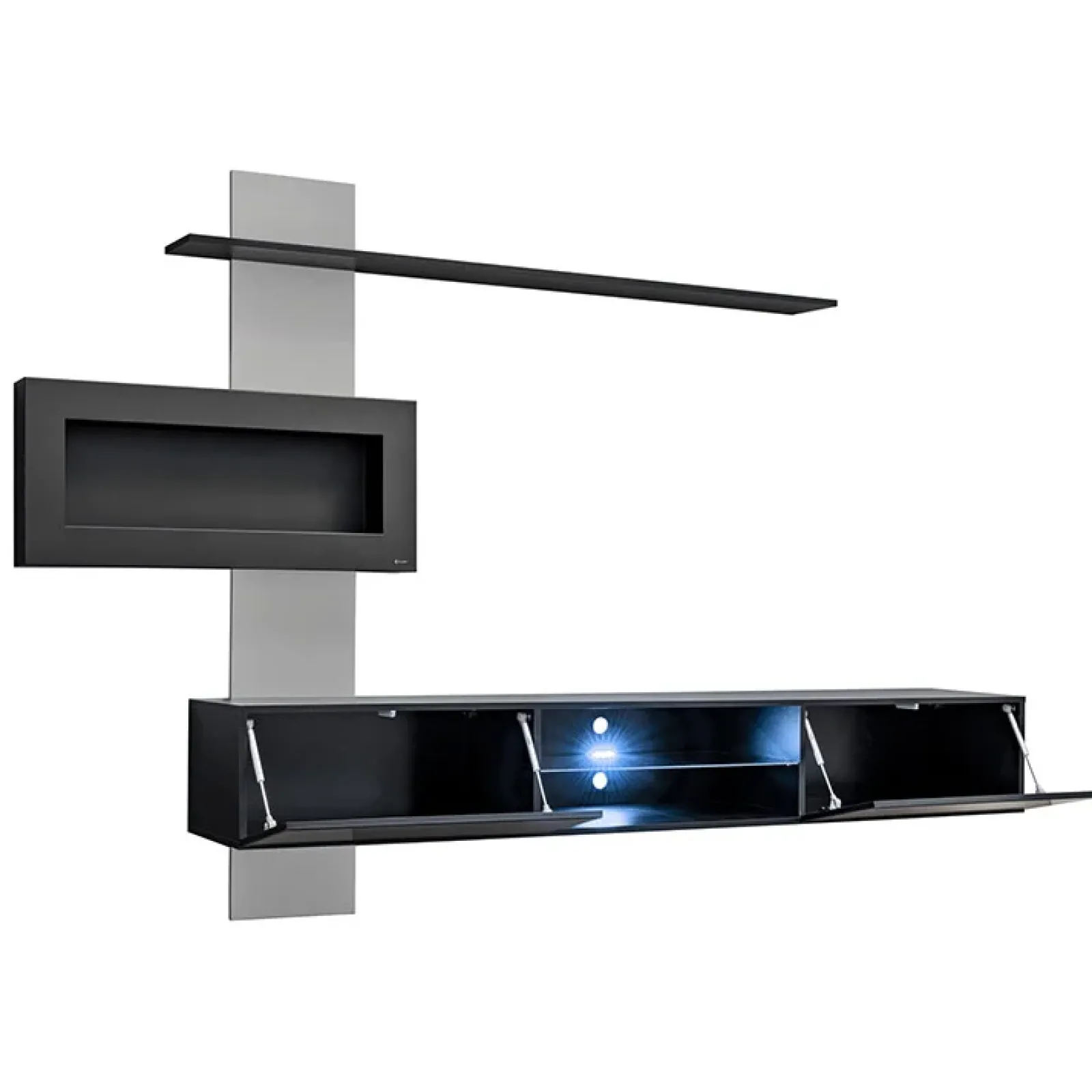 Garnero Arredamenti Camino Bioetanolo|Parete Attrezzata Con Camino-Parete attrezzata sospesa 250x170h cm con camino bioetanolo nero grigio Giotto