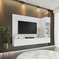 Garnero Arredamenti Parete Attrezzata Sospesa|Pareti Attrezzate-Parete attrezzata sospesa 220x150h cm con colonna bianco cannettato effetto marmo Ilaria Bianco Opaco