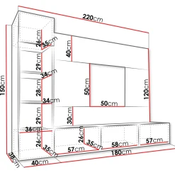 Garnero Arredamenti Parete Attrezzata Sospesa|Pareti Attrezzate-Parete attrezzata sospesa 220x150h cm con colonna bianco cannettato effetto marmo Ilaria Bianco Opaco