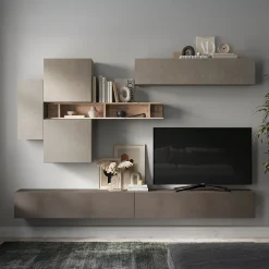 Garnero Arredamenti Parete Attrezzata Sospesa|Pareti Attrezzate-Parete attrezzata sospesa 276x190h cm moderna marrone tortora rovere Sunset 44 Tortora - Marrone