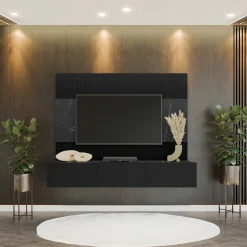 Garnero Arredamenti Parete Attrezzata Sospesa|Pareti Attrezzate-Parete attrezzata sospesa 180x150h cm 3 ante nero cannettato effetto marmo Ilaria Nero Opaco