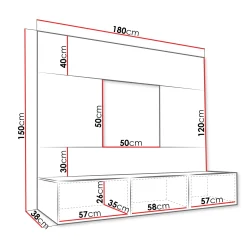 Garnero Arredamenti Parete Attrezzata Sospesa|Pareti Attrezzate-Parete attrezzata sospesa 180x150h cm 3 ante nero cannettato effetto marmo Ilaria Nero Opaco