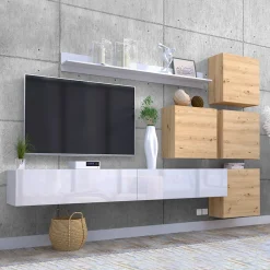 Garnero Arredamenti Parete Attrezzata Sospesa|Pareti Attrezzate-Parete attrezzata sospesa 300x210h cm bianco lucido rovere Tempus Bianco Lucido - Rovere