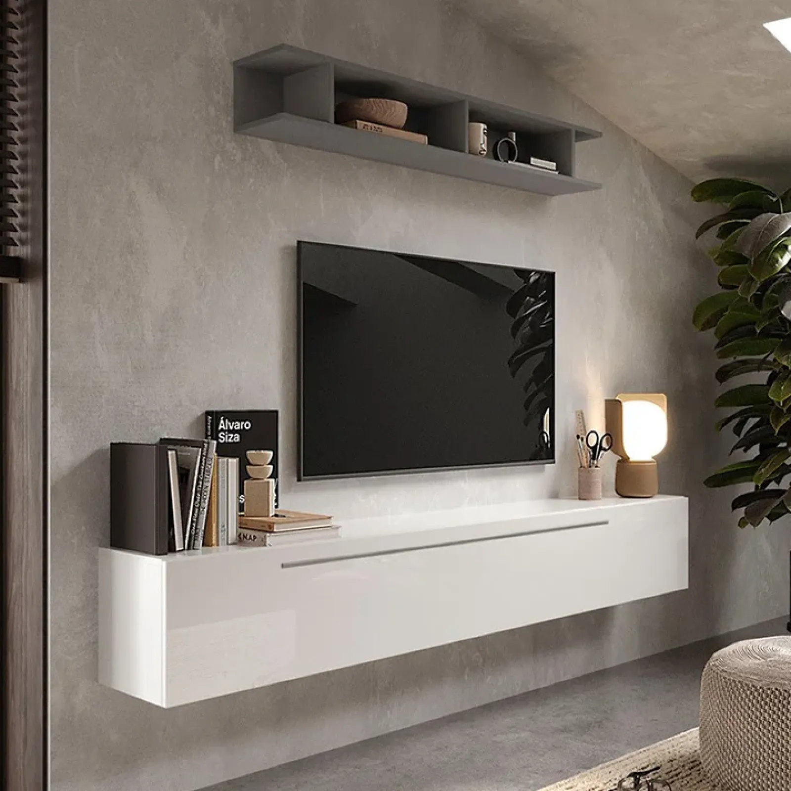 Garnero Arredamenti Parete Attrezzata Sospesa|Pareti Attrezzate-Parete attrezzata sospesa 210x180h cm moderna grigio bianco lucido Sunset 48