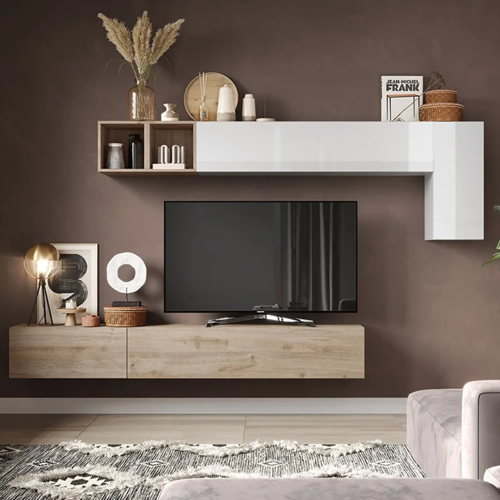 Garnero Arredamenti Parete Attrezzata Sospesa|Pareti Attrezzate-Parete attrezzata sospesa 276x175h cm bianco lucido rovere chiaro Sunset 41 Bianco Lucido - Rovere