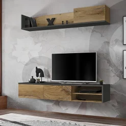 Garnero Arredamenti Parete Attrezzata Sospesa|Pareti Attrezzate-Parete attrezzata sospesa 180x180h cm moderna  rovere antico antracite Botticelli