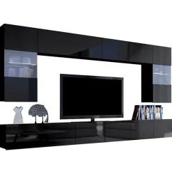 Garnero Arredamenti Parete Attrezzata Sospesa|Pareti Attrezzate-Parete attrezzata sospesa 300x185h cm porta tv con vetrine Mons Nero Lucido