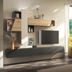 Garnero Arredamenti Parete Attrezzata Sospesa|Pareti Attrezzate-Parete attrezzata sospesa 276x210h cm moderna beige ossido rovere chiaro Sunset 79