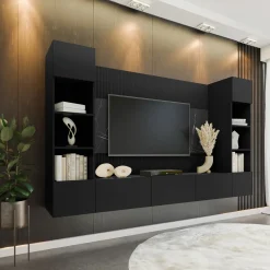 Garnero Arredamenti Parete Attrezzata Sospesa|Pareti Attrezzate-Parete attrezzata sospesa 260x150h cm con colonne nero cannettato effetto marmo Ilaria Nero Opaco