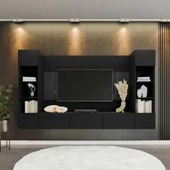 Garnero Arredamenti Parete Attrezzata Sospesa|Pareti Attrezzate-Parete attrezzata sospesa 260x150h cm con colonne nero cannettato effetto marmo Ilaria Nero Opaco