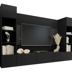 Garnero Arredamenti Parete Attrezzata Sospesa|Pareti Attrezzate-Parete attrezzata sospesa 260x150h cm con colonne nero cannettato effetto marmo Ilaria Nero Opaco