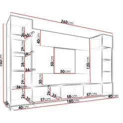 Garnero Arredamenti Parete Attrezzata Sospesa|Pareti Attrezzate-Parete attrezzata sospesa 260x150h cm con colonne nero cannettato effetto marmo Ilaria Nero Opaco