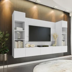 Garnero Arredamenti Parete Attrezzata Sospesa|Pareti Attrezzate-Parete attrezzata sospesa 260x150h cm con colonne bianco cannettato effetto marmo Ilaria Bianco Opaco