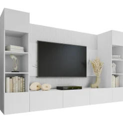 Garnero Arredamenti Parete Attrezzata Sospesa|Pareti Attrezzate-Parete attrezzata sospesa 260x150h cm con colonne bianco cannettato effetto marmo Ilaria Bianco Opaco