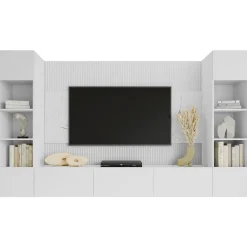 Garnero Arredamenti Parete Attrezzata Sospesa|Pareti Attrezzate-Parete attrezzata sospesa 260x150h cm con colonne bianco cannettato effetto marmo Ilaria Bianco Opaco