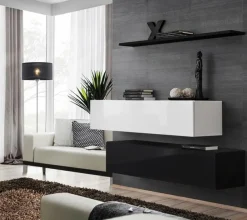 Garnero Arredamenti Parete Attrezzata Sospesa|Pareti Attrezzate-Parete attrezzata sospesa 130x110h cm moderna bianco nero Geo 19 Nero Opaco - Bianco Lucido