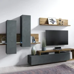 Garnero Arredamenti Parete Attrezzata A Terra|Pareti Attrezzate-Parete attrezzata 219x 205h cm soggiorno antracite spatolato noce Megan Gihome® Noce - Antracite
