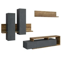 Garnero Arredamenti Parete Attrezzata A Terra|Pareti Attrezzate-Parete attrezzata 219x 205h cm soggiorno antracite spatolato noce Megan Gihome® Noce - Antracite