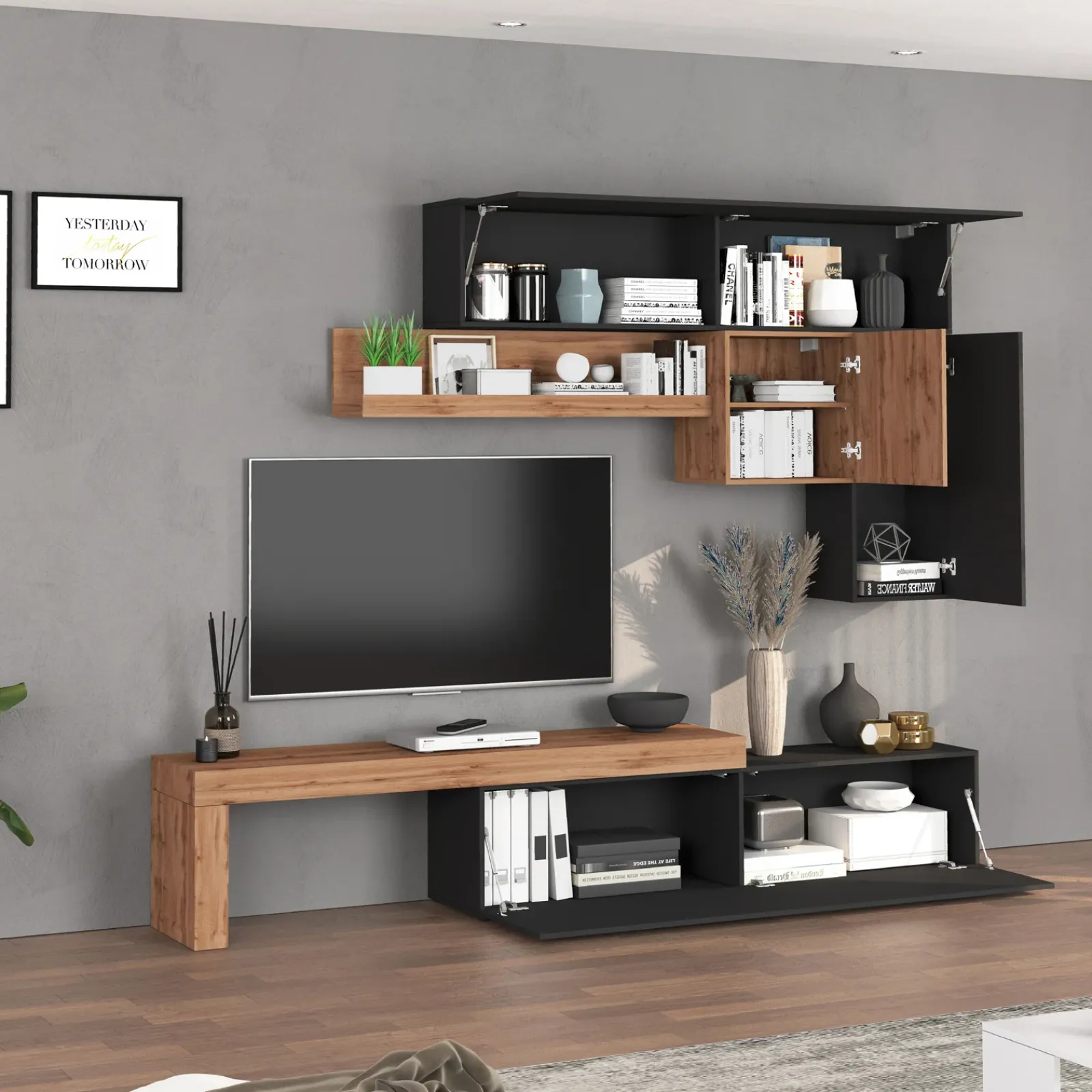 Garnero Arredamenti Parete Attrezzata A Terra|Pareti Attrezzate-Parete attrezzata 270x200h cm antracite rovere Block 2 Antracite - Rovere