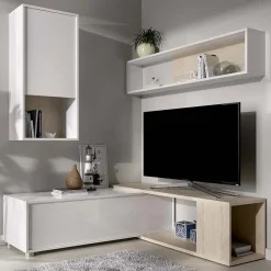 Garnero Arredamenti Parete Attrezzata Angolare|Parete Attrezzata A Terra-Parete attrezzata 180x220h cm angolare moderna rovere bianco lucido Flip