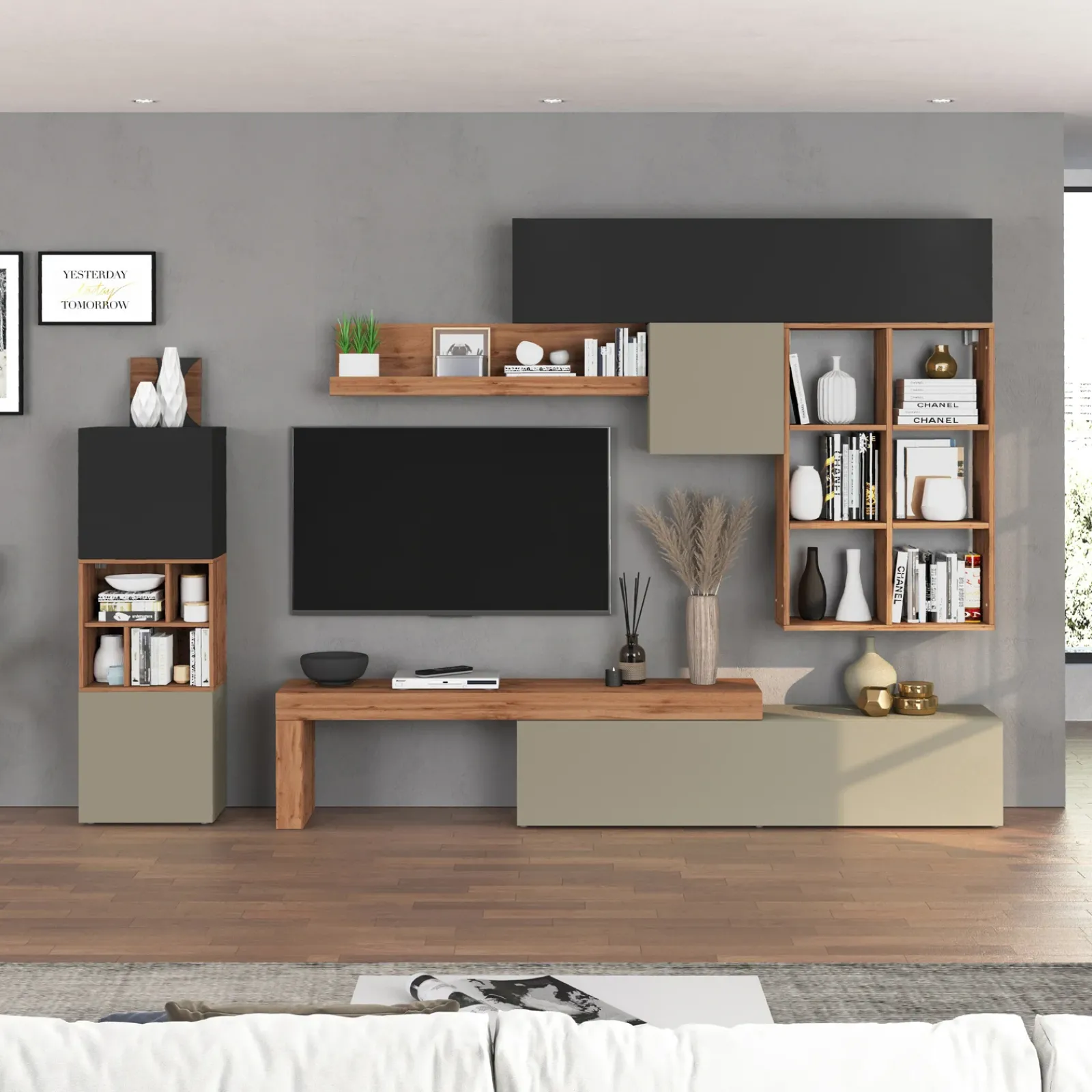 Garnero Arredamenti Parete Attrezzata A Terra|Pareti Attrezzate-Parete attrezzata 350x200h cm antracite tortora rovere Block 3 Tortora - Antracite