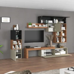 Garnero Arredamenti Parete Attrezzata A Terra|Pareti Attrezzate-Parete attrezzata 350x200h cm antracite tortora rovere Block 3 Tortora - Antracite