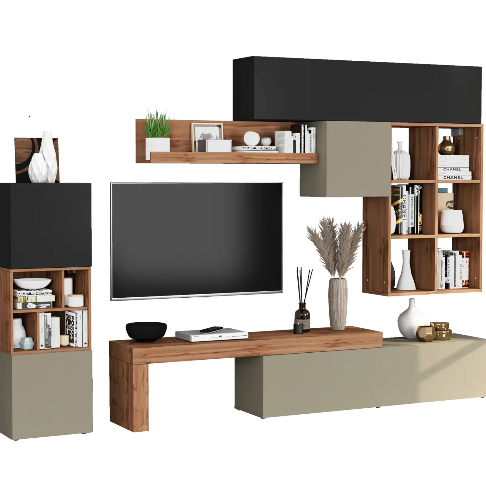 Garnero Arredamenti Parete Attrezzata A Terra|Pareti Attrezzate-Parete attrezzata 350x200h cm antracite tortora rovere Block 3 Tortora - Antracite