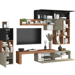 Garnero Arredamenti Parete Attrezzata A Terra|Pareti Attrezzate-Parete attrezzata 350x200h cm antracite tortora rovere Block 3 Tortora - Antracite